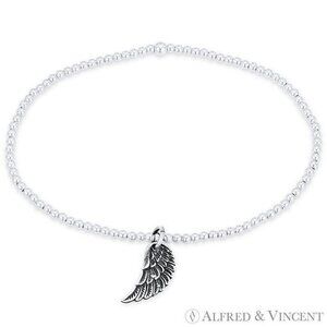 Angel's Wing Charm & Polished Ball Bead Stretch Bracelet in .925 Sterling Silver